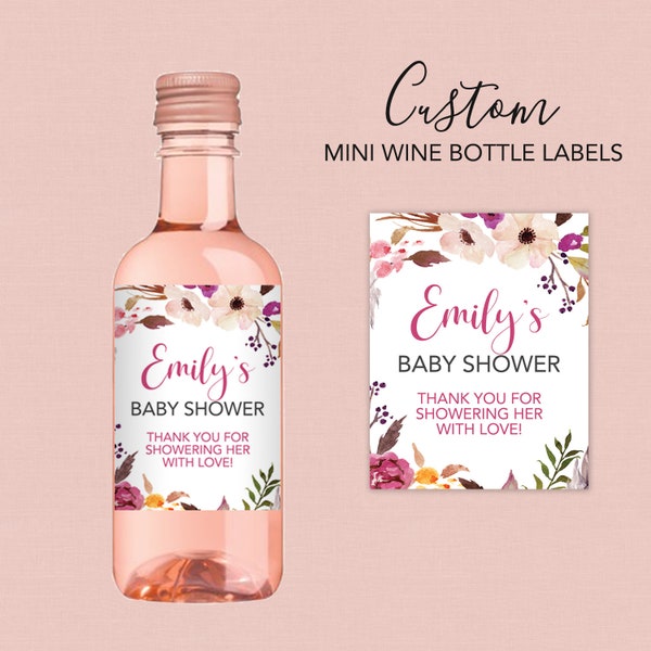 Boho Baby Shower Wine Bottle Labels, Baby Shower Mini Wine Bottle Labels Boho Baby Shower Favor Sticker Floral Baby Shower Labels