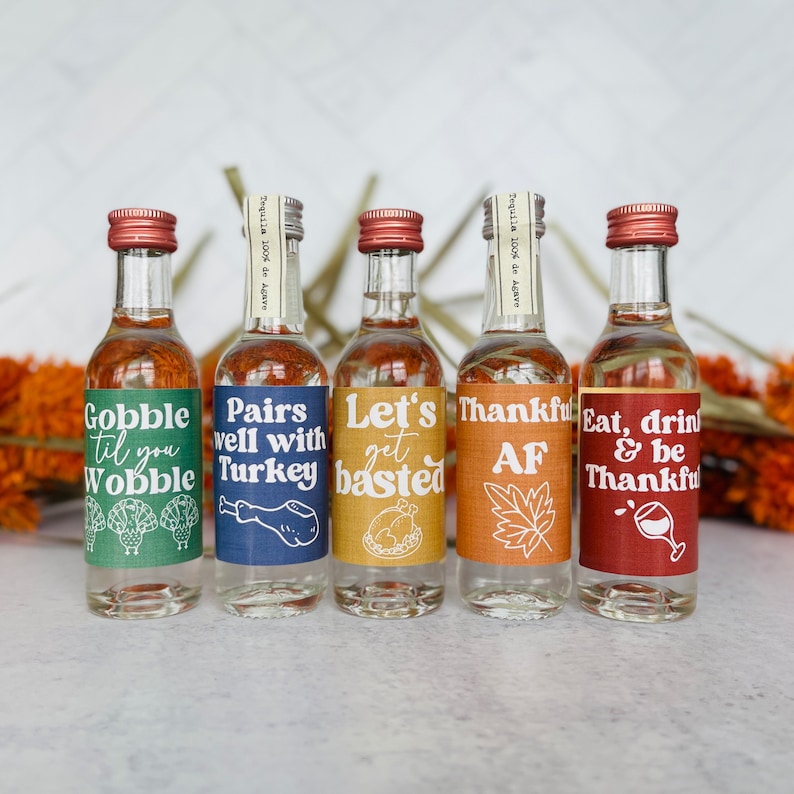 Thanksgiving Mini Liquor Bottle Labels, Friendsgiving Mini Liquor Bottle Labels, Thanksgiving Shot Sticker, Friendsgiving Shot Sticker image 1