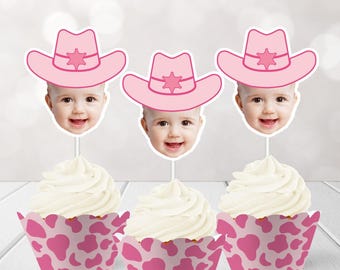 Cowgirl Custom Face Cupcake Toppers  24 ct, First Rodeo Cupcake Toppers, Cowgirl Hat Face Cupcake Picks, Pink Western Birthday Party Cupcake
