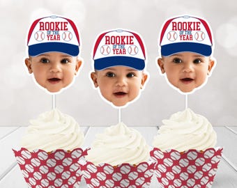 Baseball Custom Face Cupcake Toppers - 24 ct., Rookie Year Cupcake Toppers, Baseball Rookie of the Year Cupcake Toppers, Baseball Hat Face