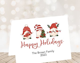 Festive Gnome Holiday Cards, Personalized Holiday Cards, Personalized Christmas Cards, Blank Inside, Envelopes Included, Printed