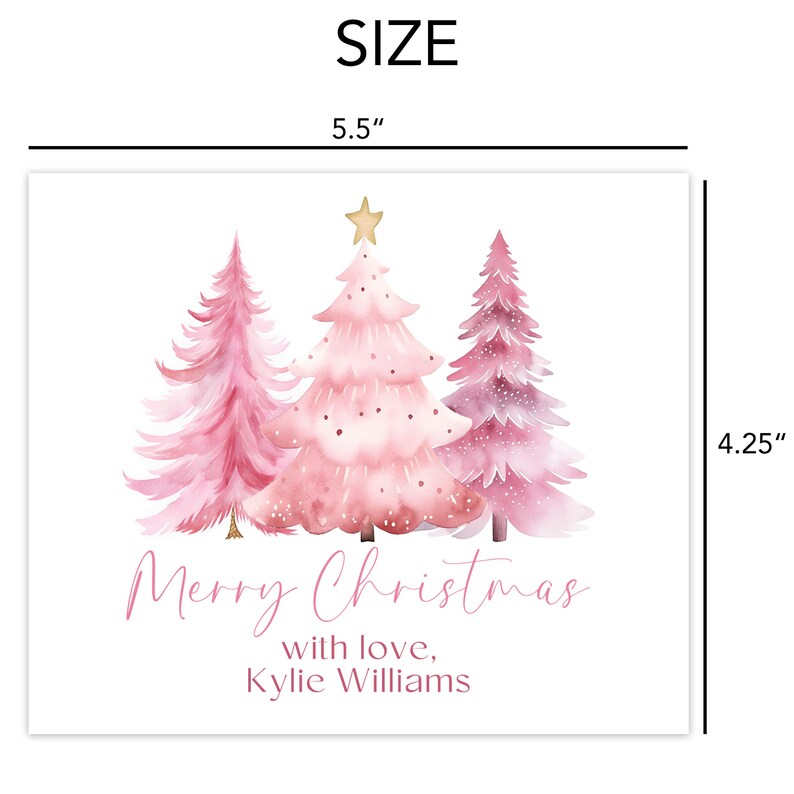 a christmas card with pink trees and a gold star