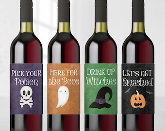 Halloween Wine Bottle Labels Halloween Wine Labels Here for the Boos Labels Drink Up Witches Labels Let's Get Smashed Halloween Labels