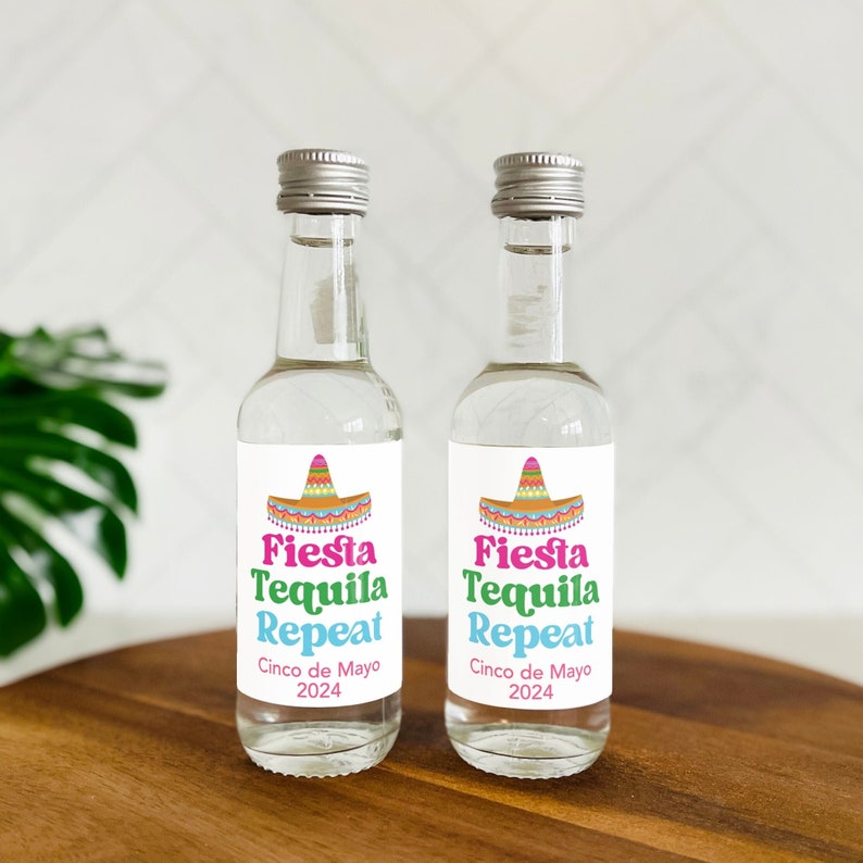 Fiesta Tequila Repeat Mini Shot Labels, Cinco de Mayo Shooter Labels, Tequila Shooter Labels, Cinco de Mayo Liquor Bottle Sticker image 1