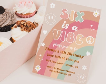 Six is a Vibe Groovy Rainbow Invitations Custom Printed Invitations Personalized Printed Invitations