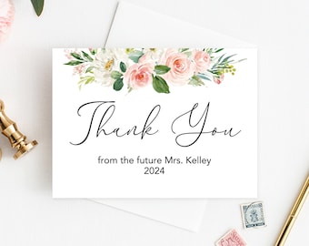 Blush Floral Personalized Thank You Cards, Bridal Shower Thank You Cards, Printed Thank You Cards for Bridal Shower, Wedding Thank You Cards