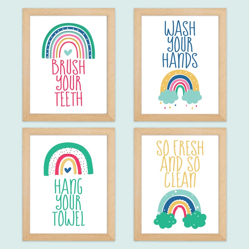 Rainbow Kids Bathroom Art Prints Kid Bathroom Art Prints Set Etsy