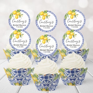 Blue Tile Lemon Cupcake Wrappers and Treat Picks, Mediterranean Bridal Shower Cupcakes, Mediterranean Baby Shower Cupcakes, Amalfi - 24 Ct