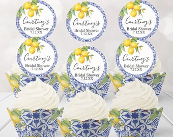 Blue Tile Lemon Cupcake Wrappers and Treat Picks, Mediterranean Bridal Shower Cupcakes, Mediterranean Baby Shower Cupcakes, Amalfi - 24 Ct
