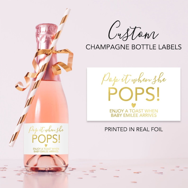 Pop It When She Pops Champagne Labels, Baby Shower Mini Champagne Bottle Labels, Gold Baby Shower Champagne Labels image 1