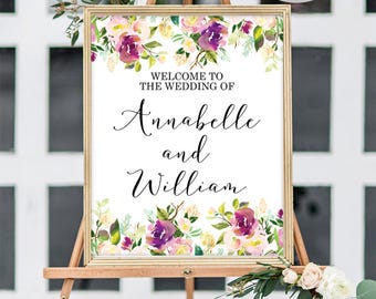 Purple Floral Wedding Welcome Sign, Large Wedding Welcome Sign Printed Wedding Welcome Sign Welcome to our Wedding Sign