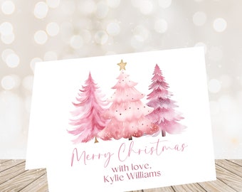 Pink Christmas Tree Holiday Cards, Personalized Holiday Cards, Personalized Pink Christmas Cards, Blank Inside, Envelopes Included, Printed