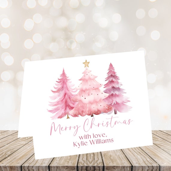Pink Christmas Tree Holiday Cards, Personalized Holiday Cards, Personalized Pink Christmas Cards, Blank Inside, Envelopes Included, Printed
