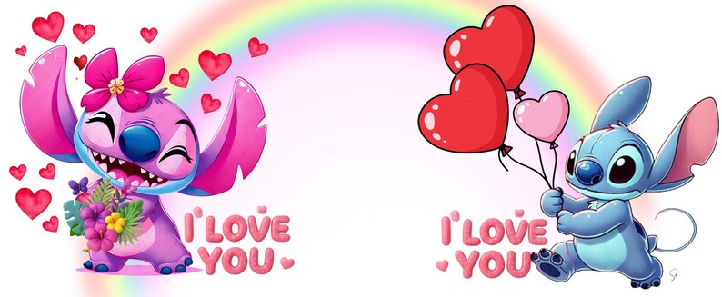 May include: A cartoon illustration featuring two characters with the text "I LOVE YOU." One character is pink and holding flowers and surrounded by hearts. The other character is blue and holding heart-shaped balloons, with a rainbow in the background.
