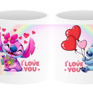 May include: White ceramic mug featuring two cartoon characters with the text "I LOVE YOU." One character is pink with a flower, surrounded by hearts. The other is blue, holding heart-shaped balloons, with a rainbow background.