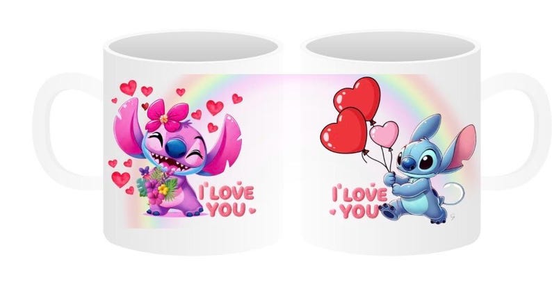 May include: White ceramic mug featuring two cartoon characters with the text "I LOVE YOU." One character is pink with a flower, surrounded by hearts. The other is blue, holding heart-shaped balloons, with a rainbow background.