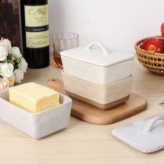 Cooking Mom Gift,Gift for Grandma,Wife,Husband,Sister,Friends,Handmade Ceramic Butter Dish,Food Safe Kitchen Pottery Houseware,Retro Design