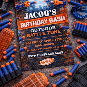 Bewerkbare sjabloon voor Nerf-verjaardagsuitnodiging Digitale download Outdoor Battle Zone Boy-feestthema