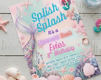 Mermaid party invite download, underwater birthday invitation template, digital printable for kids celebration