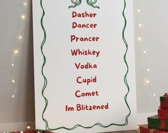 Christmas Bar Print Funny Christmas Reindeer name Digital Download Holiday Bar Art Alcohol Christmas Decor Funny Trendy Red Holiday coquette