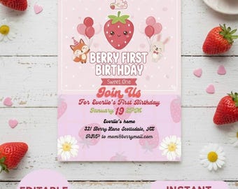 Strawberry First Birthday Invitation Template Berry One Girl Party Digital Download Printable