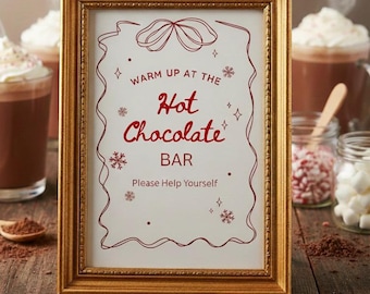 Printable Hot Cocoa Bar Sign | Printable Coquette Red Bow Hot Chocolate Bar Sign | Hot Chocolate Bar Kit, Christmas Party Decor, wedding