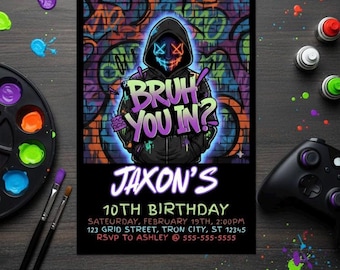 Gaming Neon Mask Birthday Invitation Template Digital Download Bruh You In Glow Party
