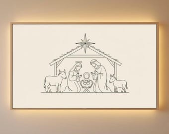 Minimalist Nativity Line Art Print Framed Christmas Stable Scene Muted Neutral Wall Decor