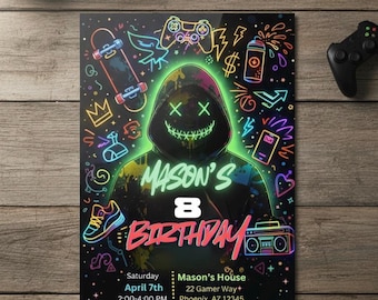 Neon Gamer Birthday Invite Template Printable Graffiti Mask Boys Video Game Party