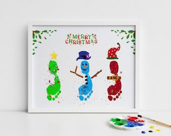 Christmas Footprint Art Gift Memory Keepsake DIY Card Printable Christmas Tree, Reindeer, Snowman, Footprint Craft for Kids Baby Toddler