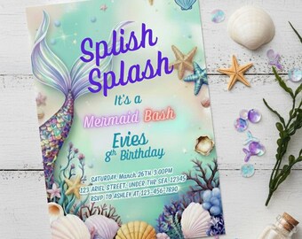 Mermaid Birthday Invitation, Editable Mermaid Bash Invite, Under the Sea Party, Splish Splash Girl Birthday, Mermaid Tail, Canva Template
