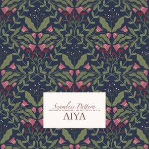 May include: A seamless floral pattern design with a repeating motif of pink flowers, green leaves, and red berries on a dark blue background. The design is symmetrical and includes the text "Seamless Pattern" and the name "AIYA".