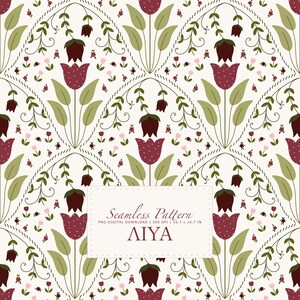 Op de afbeelding: Een naadloos patroon met bordeauxrode tulpen, groene bladeren en kleine roze bloemen op een crèmekleurige achtergrond. Het ontwerp bevat een decoratieve rand en de tekst "Seamless Pattern" en "AIYA".