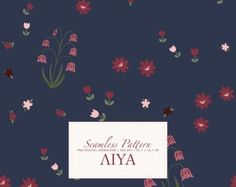 Naadloos patroon Ditsy Night Meadow, zachte bloemen, vrouwelijke vintage print, elegante donkermarineblauwe achtergrond digitaal papier