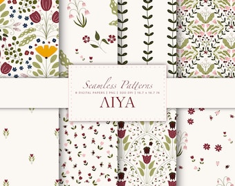 Bundel met botanische naadloze bloemmotief, handgetekende bloemen herhalen, roze en salie, cottagecore, vintage digitale papieren png, blush Meadow