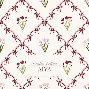 May include: A seamless digital pattern featuring a lattice of pink ribbons tied into bows, interspersed with small bouquets of dark red and light pink flowers on a cream background. Text reads: Seamless Pattern, PNG DIGITAL DOWNLOAD, 300 DPI, 16.7 x 16.7 IN, AIYA.