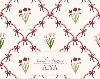Coquette Bow Diamond Trellis naadloze patroon digitale download png, vintage lint rooster bloemen herhalen, behang bruiloft briefpapier