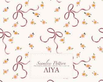 Coquette Bow bloemen gooien naadloze patroon digitale download, roze strik herhalen print, stoffen behang briefpapier, handgetekende, png PNGEgg