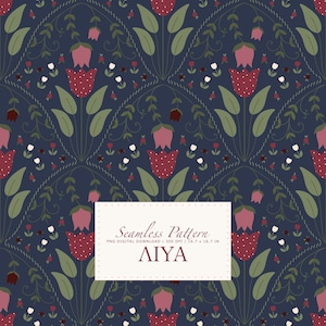 May include: A seamless pattern design featuring stylized red and pink tulips with white polka dots, green leaves, and small white flowers on a dark blue background. The design includes the text "Seamless Pattern" and the name "AIYA".