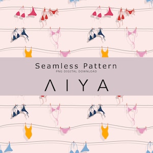 May include: Seamless pattern featuring various colorful swimwear hanging on clotheslines. The design includes bikinis and one-piece swimsuits in shades of pink, blue, red, and yellow. The text "Seamless Pattern PNG Digital Download" and the name "AIYA" are also present.