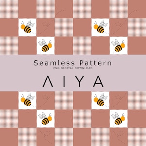 Puede incluir: Un patrón sin costuras con abejas sobre un fondo a cuadros. Las abejas son amarillas y negras, con trayectorias de vuelo punteadas. El fondo alterna entre cuadrados sólidos y punteados en tonos marrones. También está presente el texto "Seamless Pattern" y "AIYA".