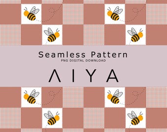 チェック柄の蜂のシームレスなパターン - 手描きの夏の蜂の繰り返しデザインPNGデジタルペーパー