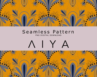 Geometric Floral Seamless Pattern, Blue Flowers on Yellow (PNG Digital Download)