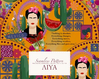 Naadloos Frida Kahlo-patroon: handgetekende bloemdessin (digitale png-download)