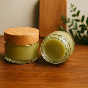 May include: Two glass jars with wooden lids, one upright and one on its side. The jars contain a light green substance. The jars are on a wooden surface, with a wooden cutting board and greenery in the background.