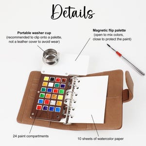 May include: A brown leather watercolor paint set with a magnetic flip palette, 24 paint compartments, and 10 sheets of watercolor paper. Includes a portable washer cup and a paintbrush. The word "Details" is written at the top.