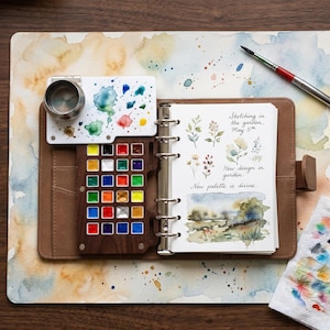 May include: A brown leather watercolor journal with a wooden palette containing various colors of paint. The journal is open, revealing watercolor sketches and the text "Sketching in the garden, May 5th. New design in garden. New palette is divine."