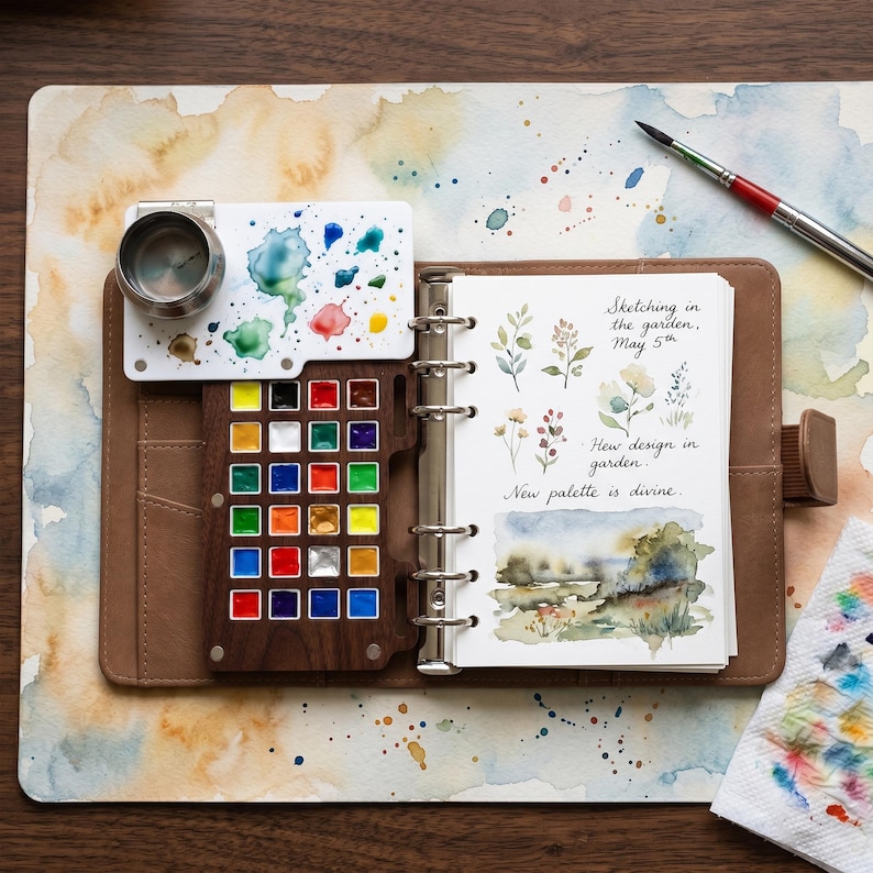 May include: A brown leather watercolor journal with a wooden palette containing various colors of paint. The journal is open, revealing watercolor sketches and the text "Sketching in the garden, May 5th. New design in garden. New palette is divine."