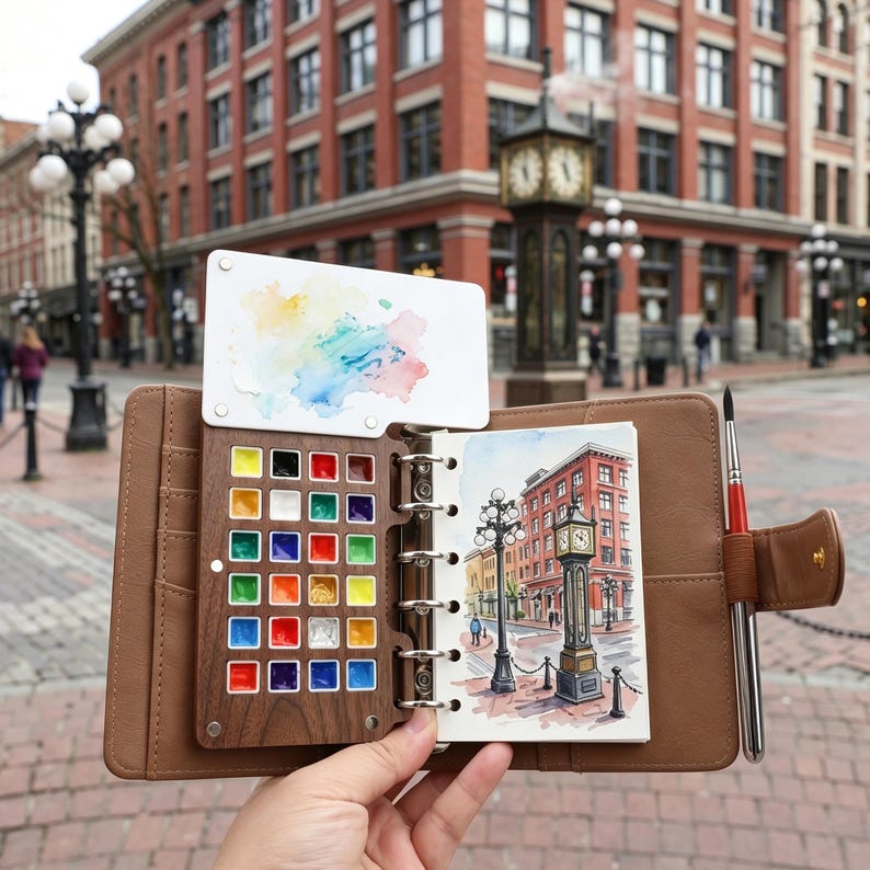 May include: A brown leather watercolor paint set with a wooden palette containing various colors. The set includes a small watercolor painting of a building with a clock tower and a watercolor brush. A white palette with watercolor paint is also included.