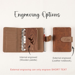 May include: A brown leather notebook and wooden palette with engraving options. The wooden palette features a mountain design and the text "Personalized text". The leather notebook is engraved with the name "Edan".